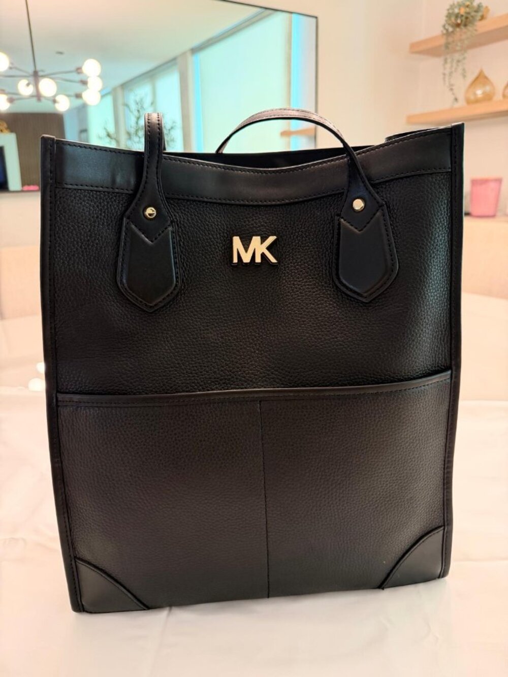 Michael Kors Mirella Medium Pebbled Leather Tote Bag Black Gold